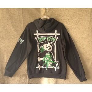 Trip City Pullover Hoodie Mens Sz M Black Cannabis Panda Pockets
